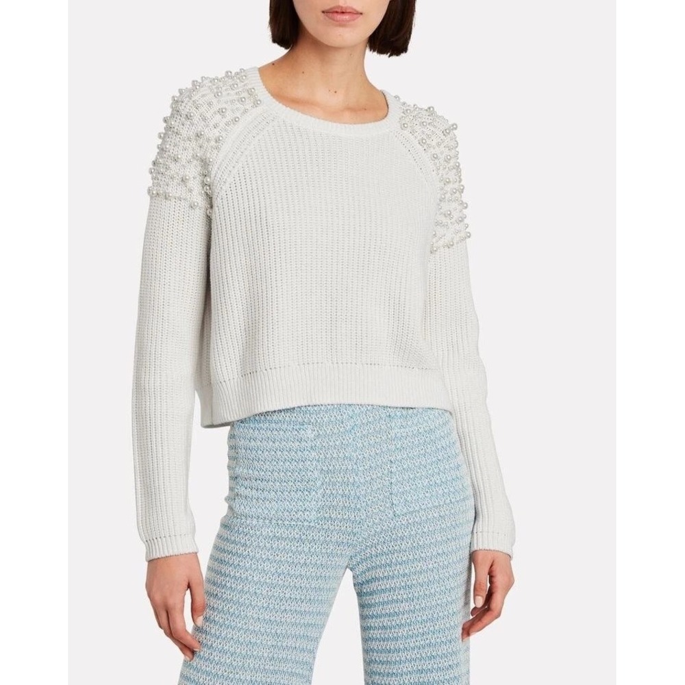 Michelle Mason White Pearl Embellished Cotton Shaker Knit Sweater Size P
